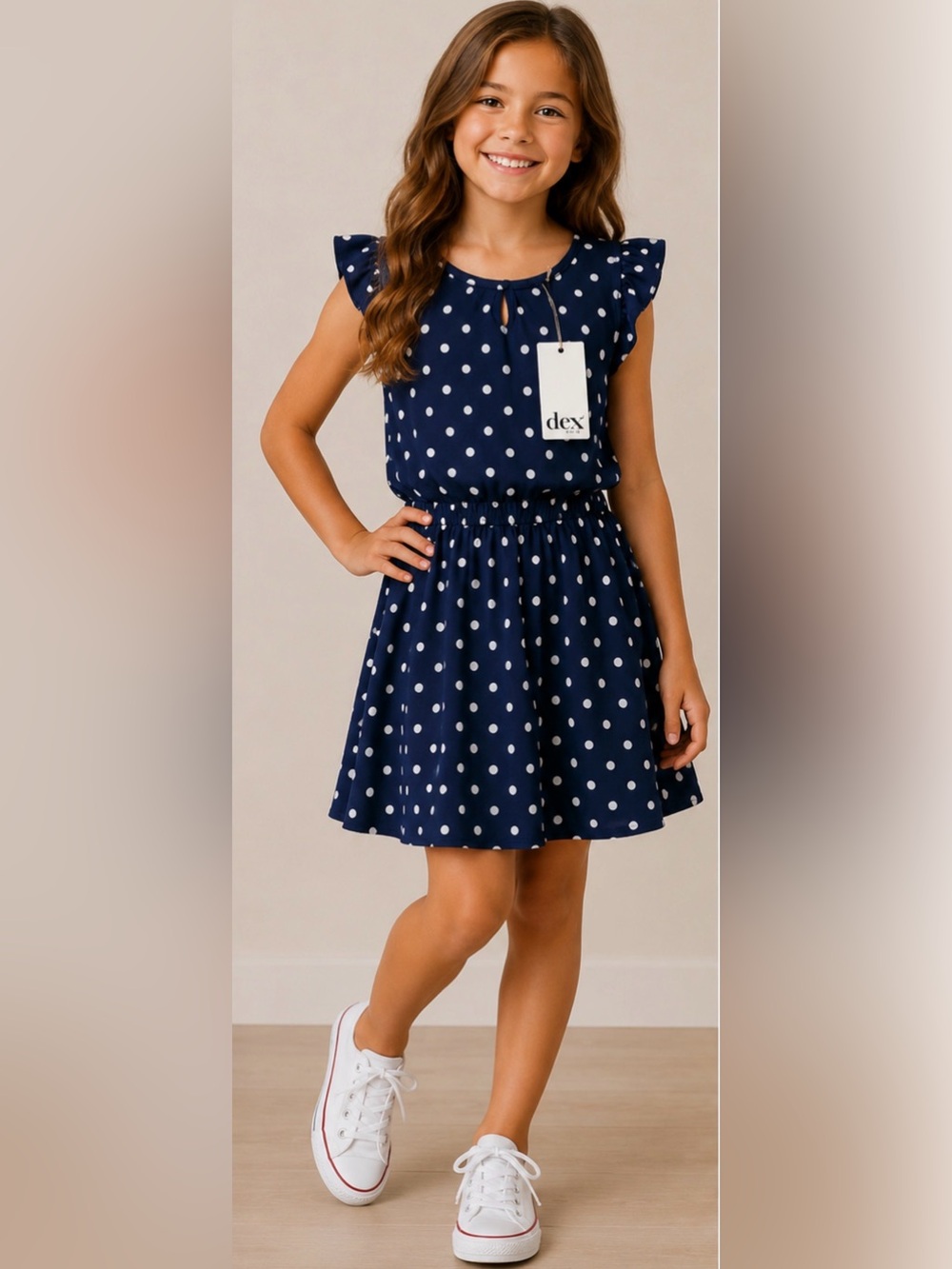 Dex Navy and White Polka Dot Elastic-Waist Kids Dress